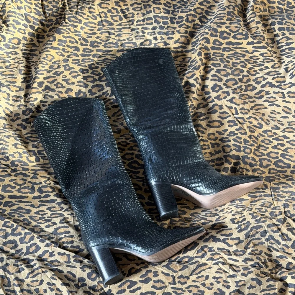 SCHUTZ Black Croc-Embossed Heeled Boots - Picture 2 of 7